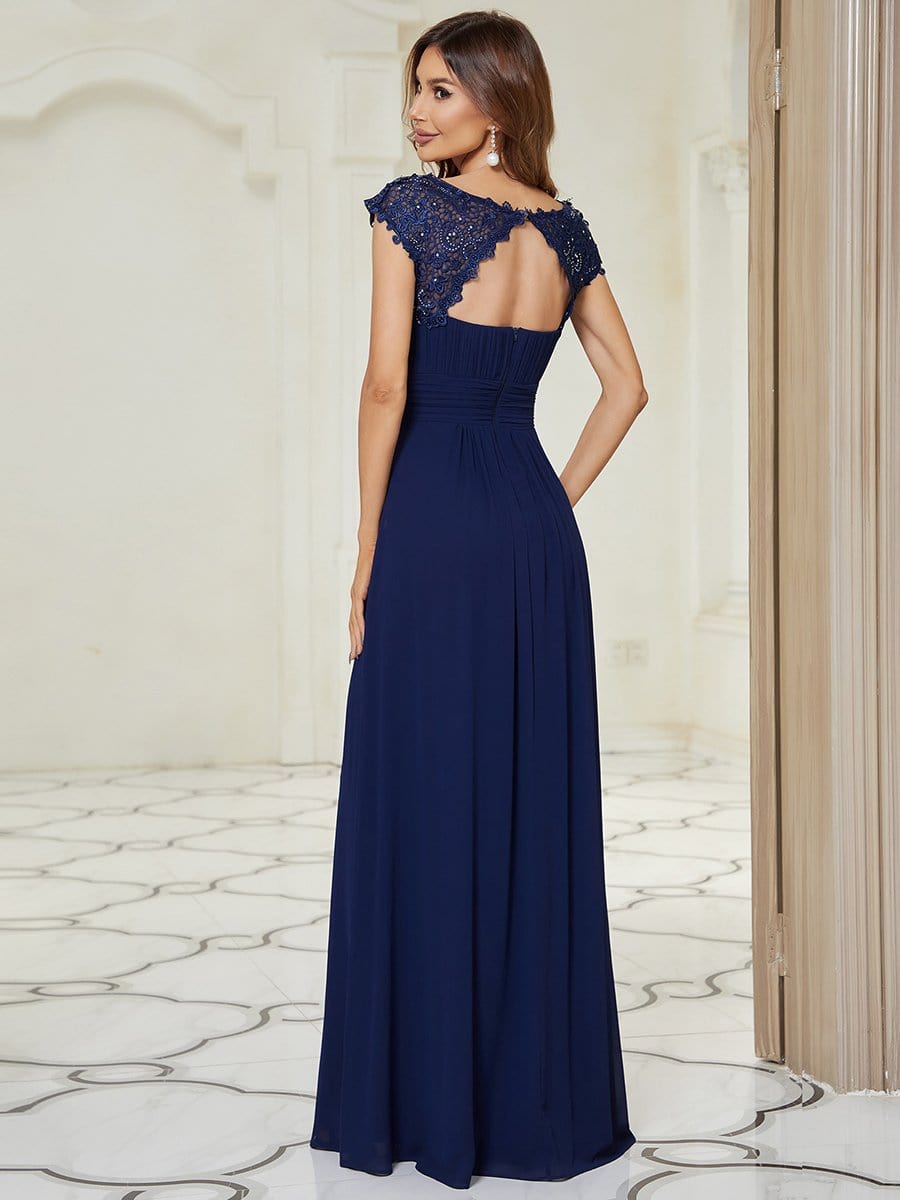 Elegant Maxi Long Lace Cap Sleeve Bridesmaid Dress #color_Navy Blue 