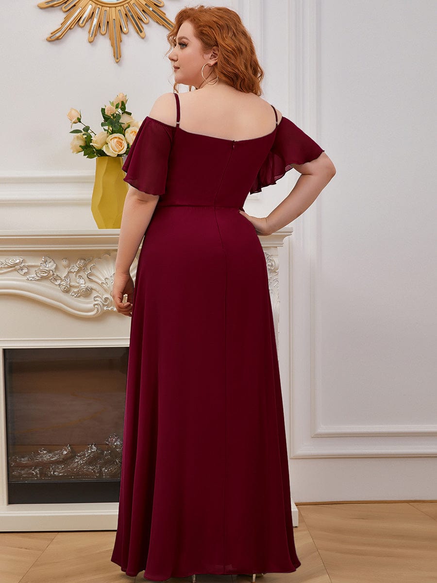 Plus Size Cold Shoulder Formal Bridesmaid Dress with Side Slit #color_Burgundy