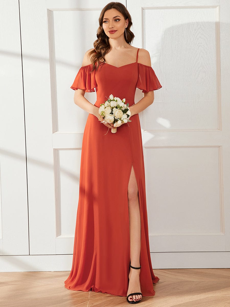 Stylish Cold Shoulder Flare Sleeves Flowy Bridesmaid Dress #color_Burnt Orange