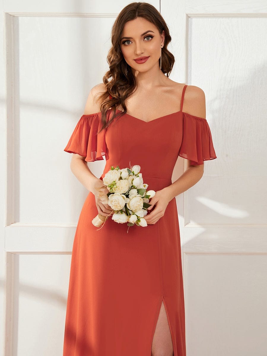 Stylish Cold Shoulder Flare Sleeves Flowy Bridesmaid Dress #color_Burnt Orange