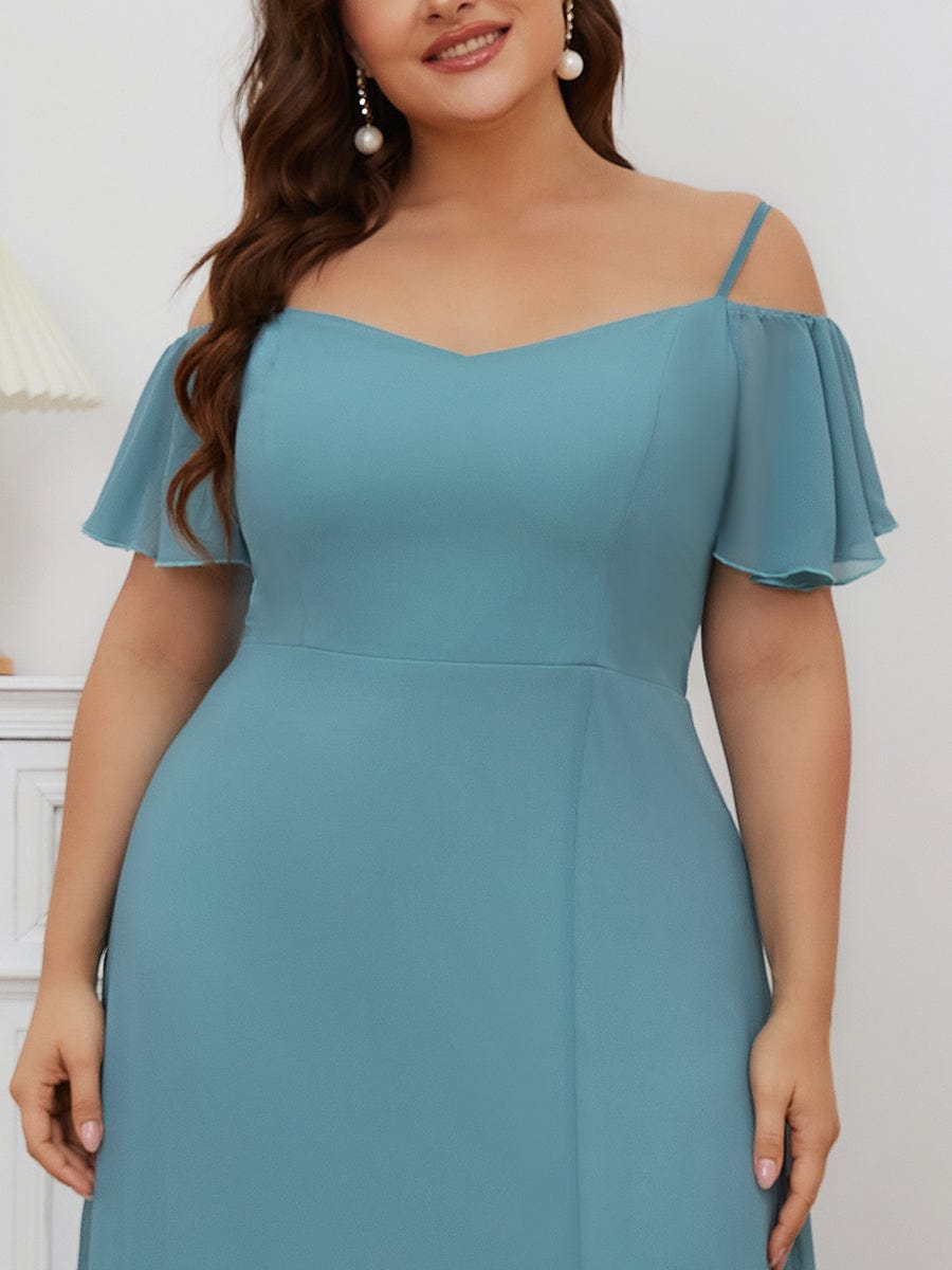 Stylish Cold Shoulder Flare Sleeves Flowy Bridesmaid Dress #color_Light Teal