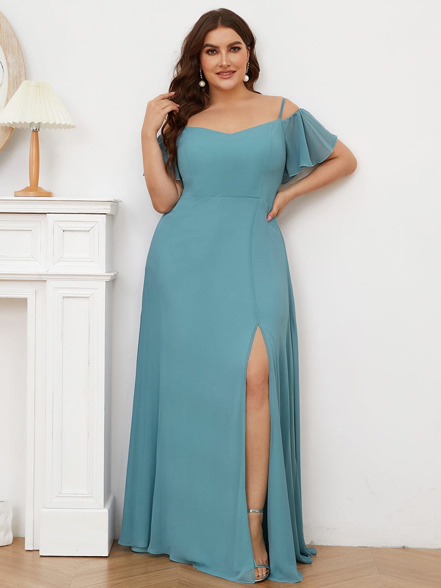 Stylish Cold Shoulder Flare Sleeves Flowy Bridesmaid Dress #color_Light Teal