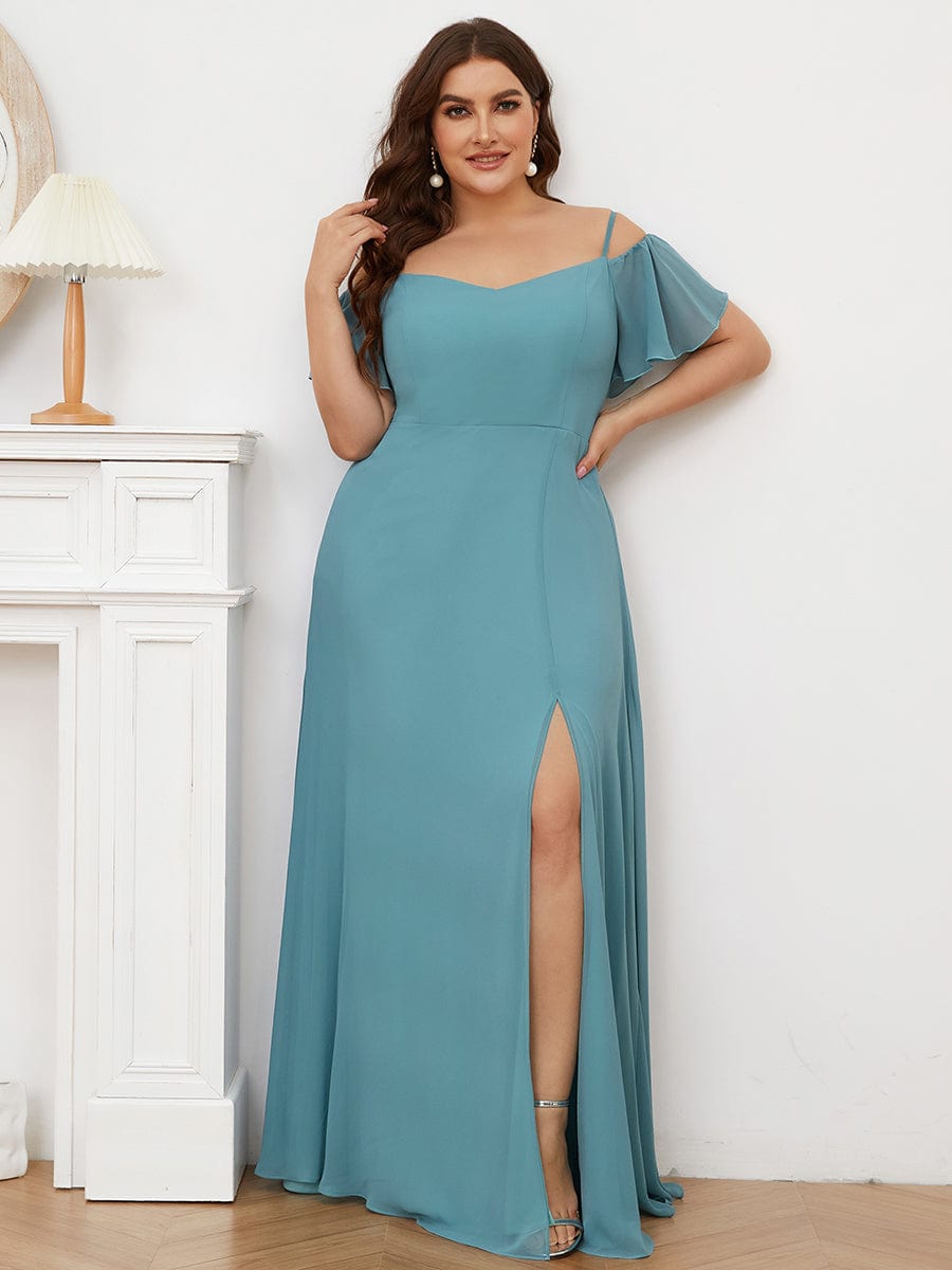Stylish Cold Shoulder Flare Sleeves Flowy Bridesmaid Dress #color_Dusty Blue