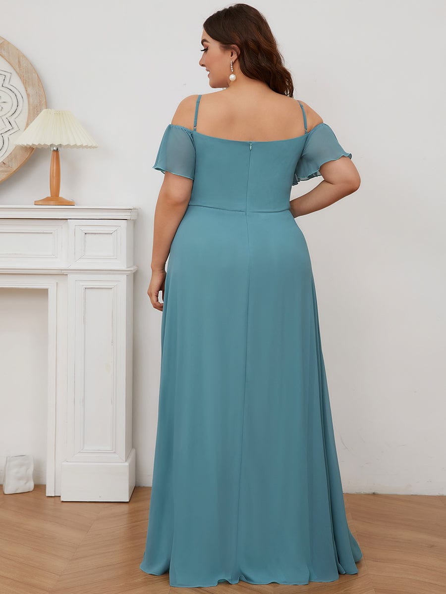 Stylish Cold Shoulder Flare Sleeves Flowy Bridesmaid Dress #color_Light Teal