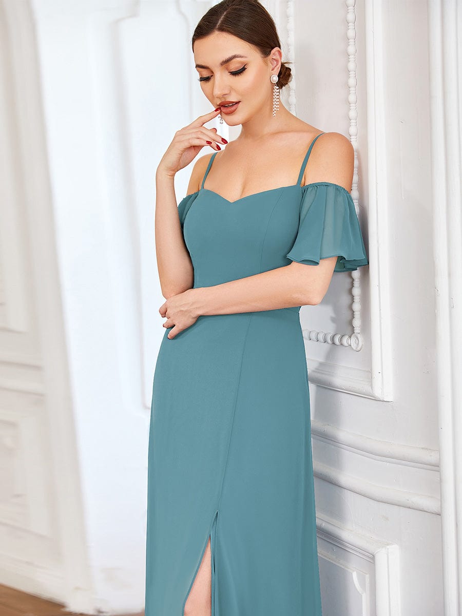 Stylish Cold Shoulder Flare Sleeves Flowy Bridesmaid Dress #color_Light Teal