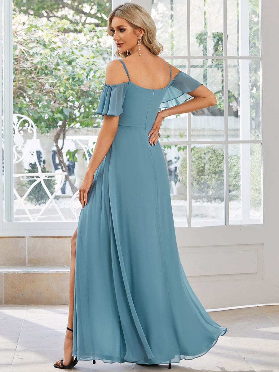 Stylish Cold Shoulder Flare Sleeves Flowy Bridesmaid Dress #color_Light Teal