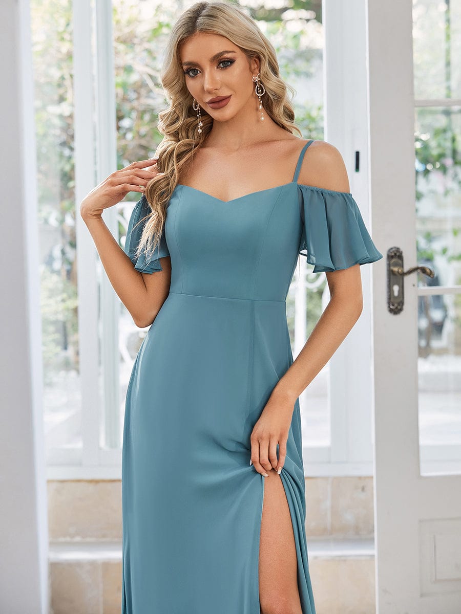 Stylish Cold Shoulder Flare Sleeves Flowy Bridesmaid Dress #color_Light Teal