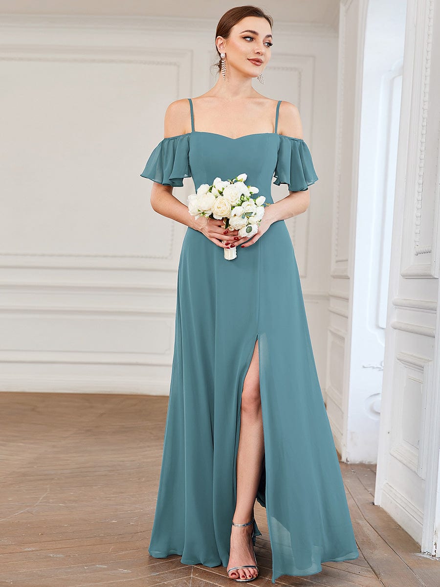 Stylish Cold Shoulder Flare Sleeves Flowy Bridesmaid Dress #color_Light Teal