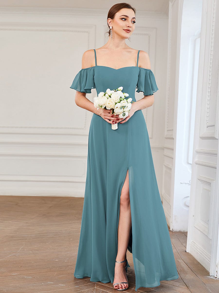 Stylish Cold Shoulder Flare Sleeves Flowy Bridesmaid Dress #color_Dusty Blue