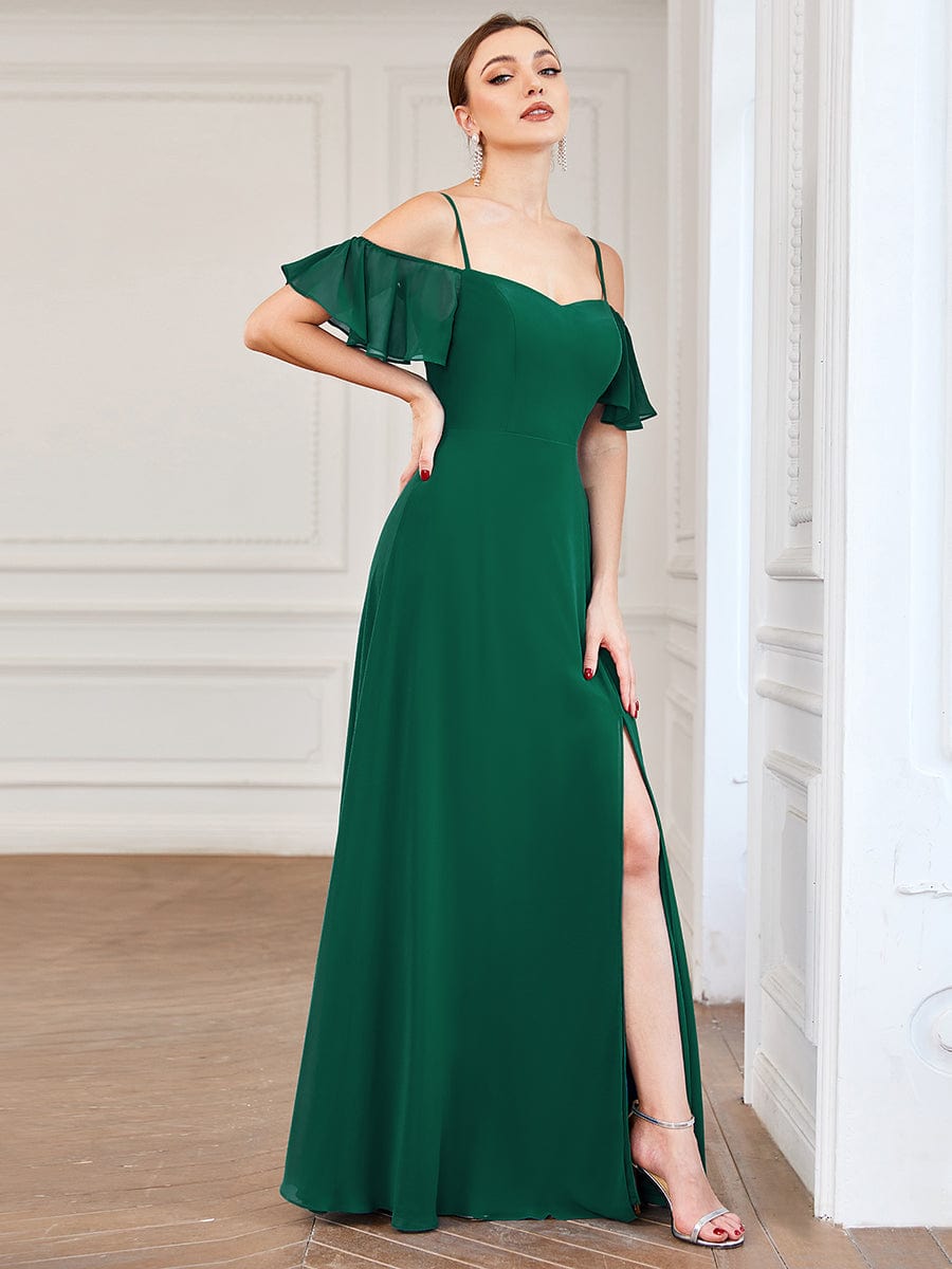 Stylish Cold Shoulder Flare Sleeves Flowy Bridesmaid Dress #color_Dark Green 