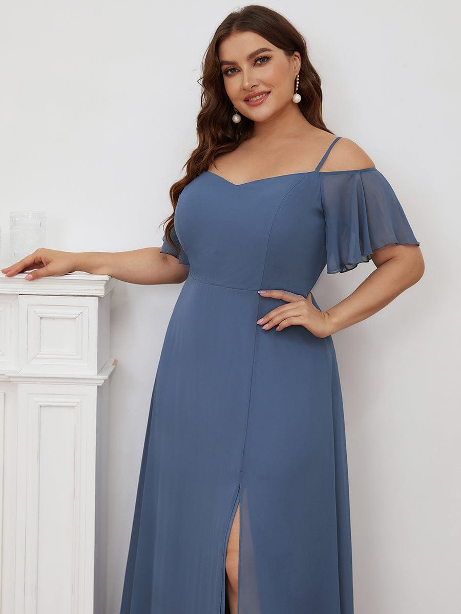 Stylish Cold Shoulder Flare Sleeves Flowy Bridesmaid Dress #color_Dusty Navy