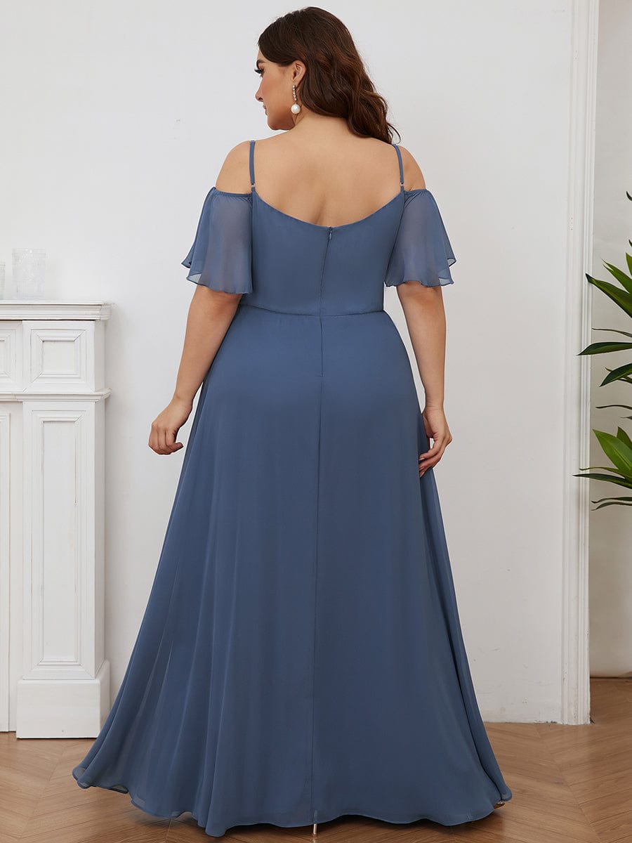 Stylish Cold Shoulder Flare Sleeves Flowy Bridesmaid Dress #color_Dusty Blue