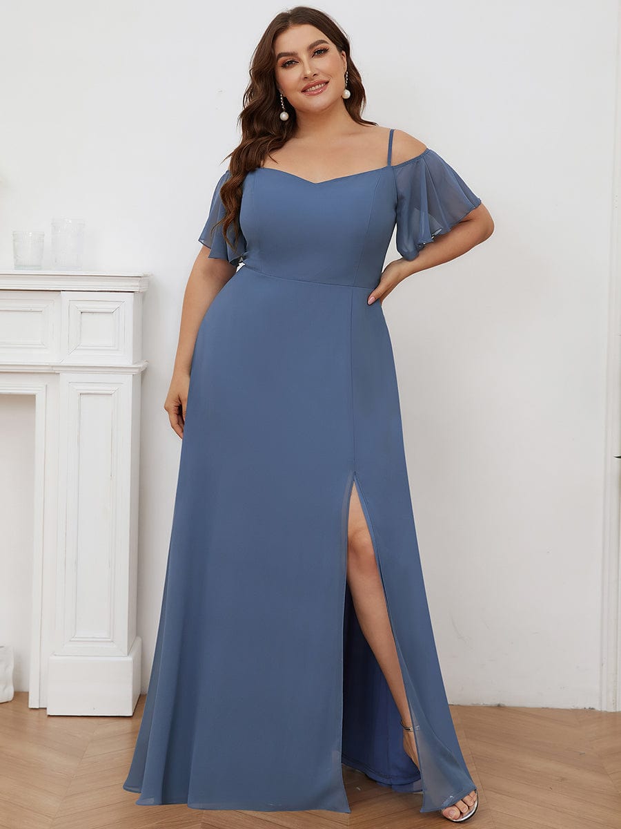 Stylish Cold Shoulder Flare Sleeves Flowy Bridesmaid Dress #color_Dusty Blue