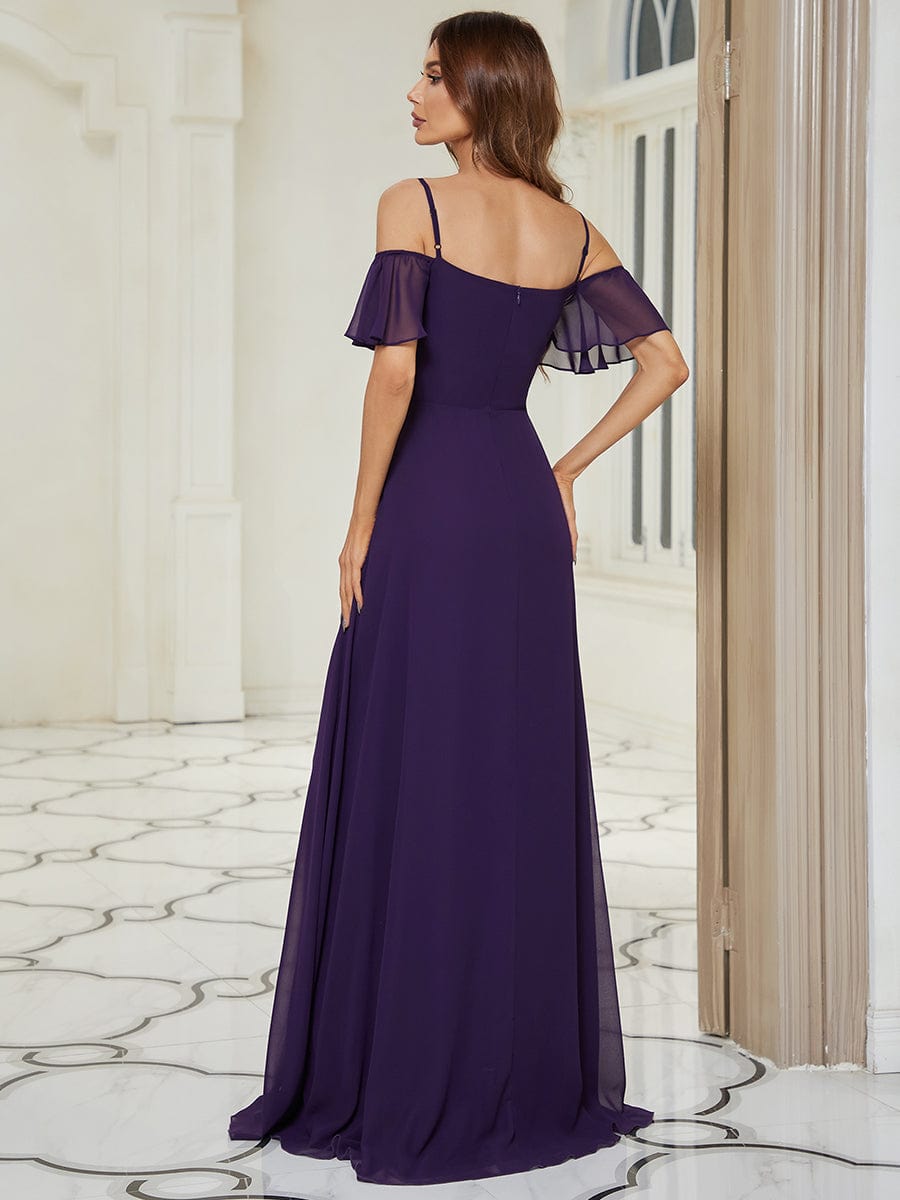 Stylish Cold Shoulder Flare Sleeves Flowy Bridesmaid Dress #color_Dark Purple