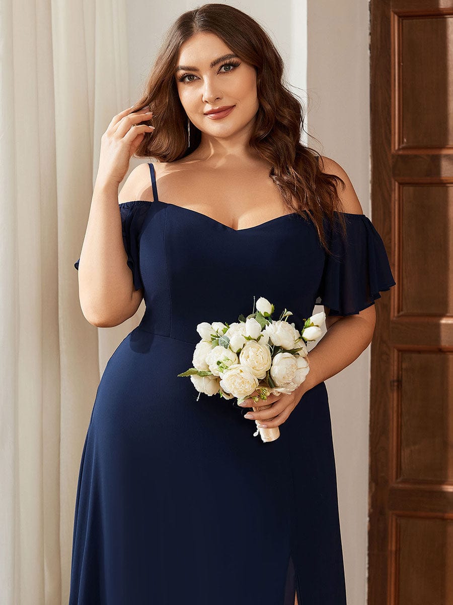Stylish Cold Shoulder Flare Sleeves Flowy Bridesmaid Dress #color_Navy Blue