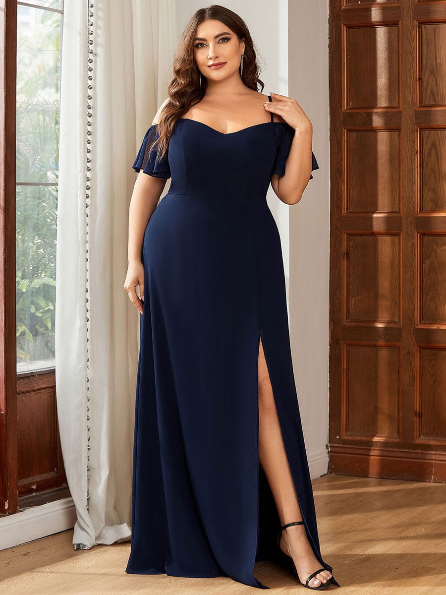 Plus Size Cold Shoulder Formal Bridesmaid Dress with Side Slit #color_Navy Blue