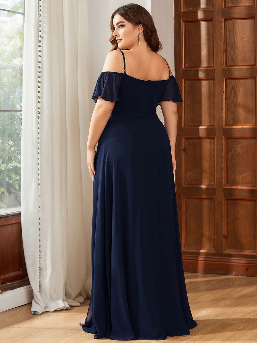 Plus Size Cold Shoulder Formal Bridesmaid Dress with Side Slit #color_Navy Blue