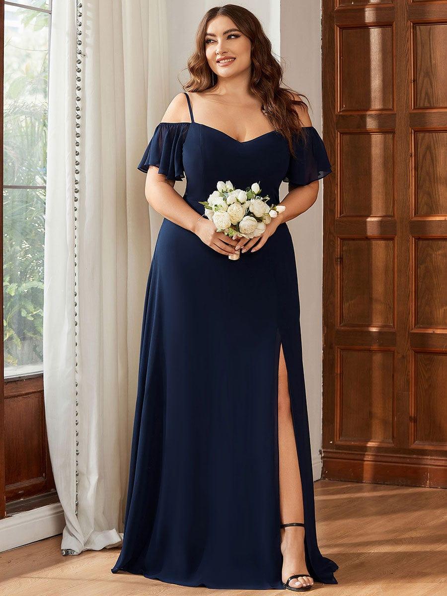 Plus Size Cold Shoulder Formal Bridesmaid Dress with Side Slit #color_Navy Blue