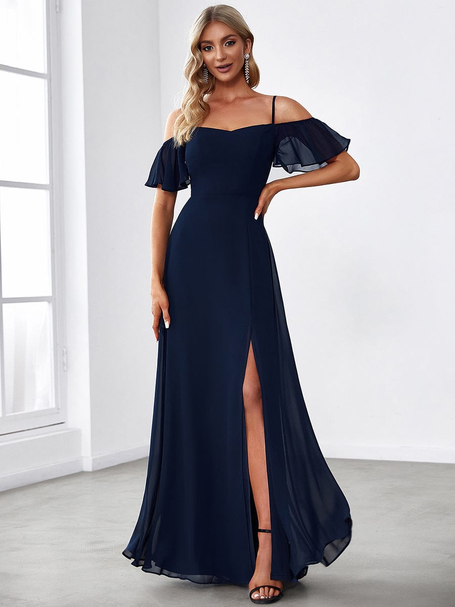 Stylish Cold Shoulder Flare Sleeves Flowy Bridesmaid Dress #color_Navy Blue