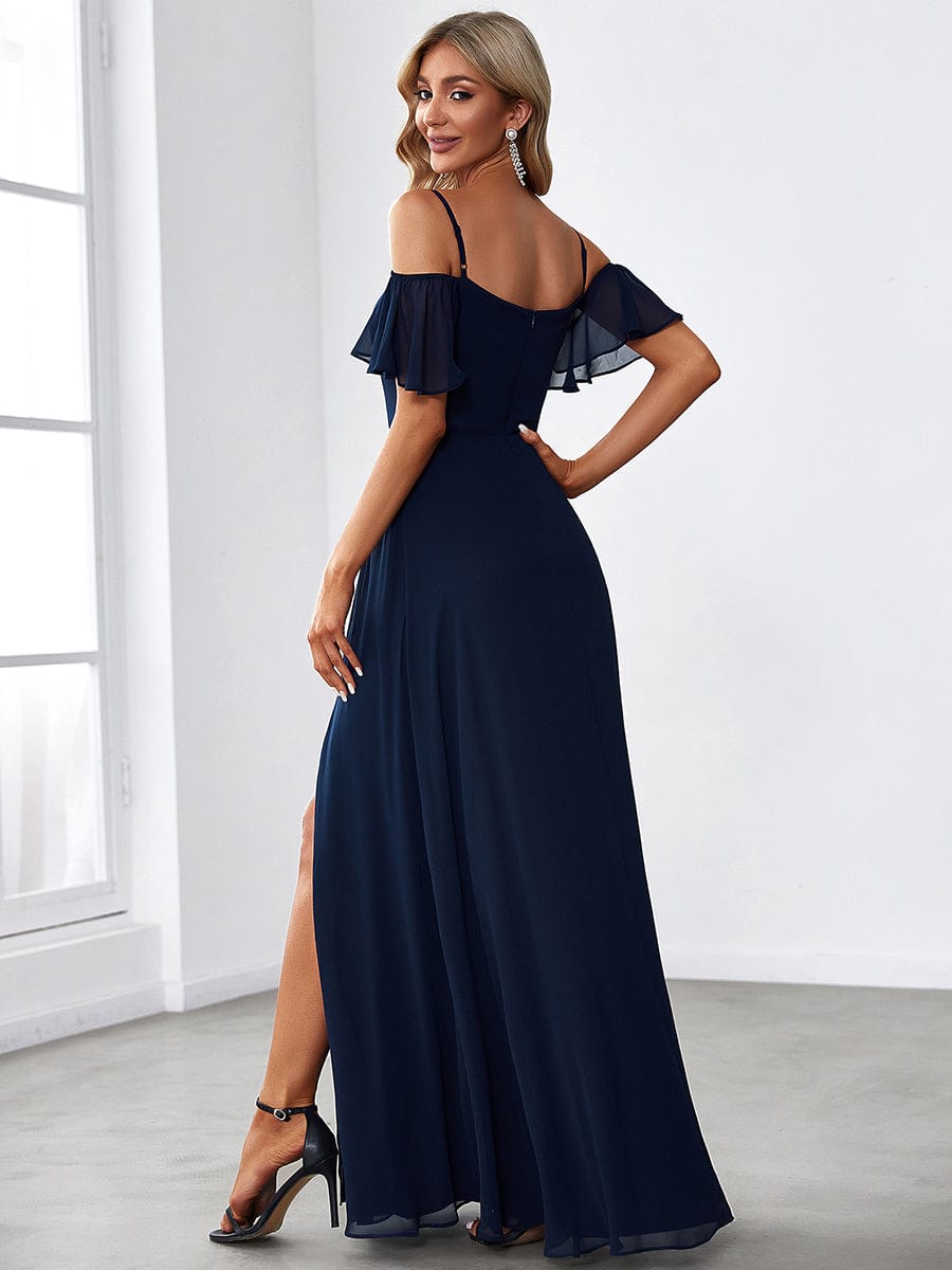 Stylish Cold Shoulder Flare Sleeves Flowy Bridesmaid Dress #color_Navy Blue