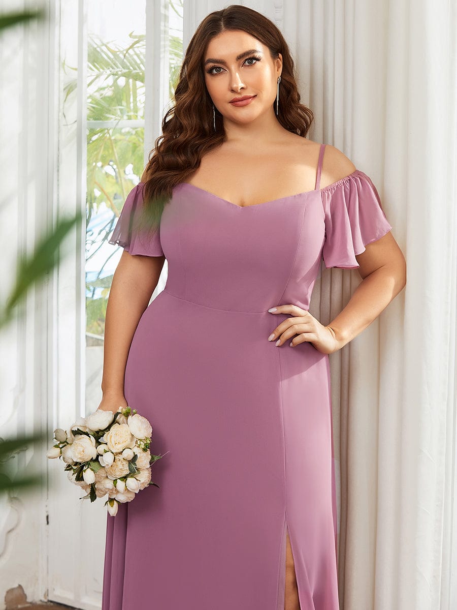 Plus Size Cold Shoulder Formal Bridesmaid Dress with Side Slit #color_Purple Orchid