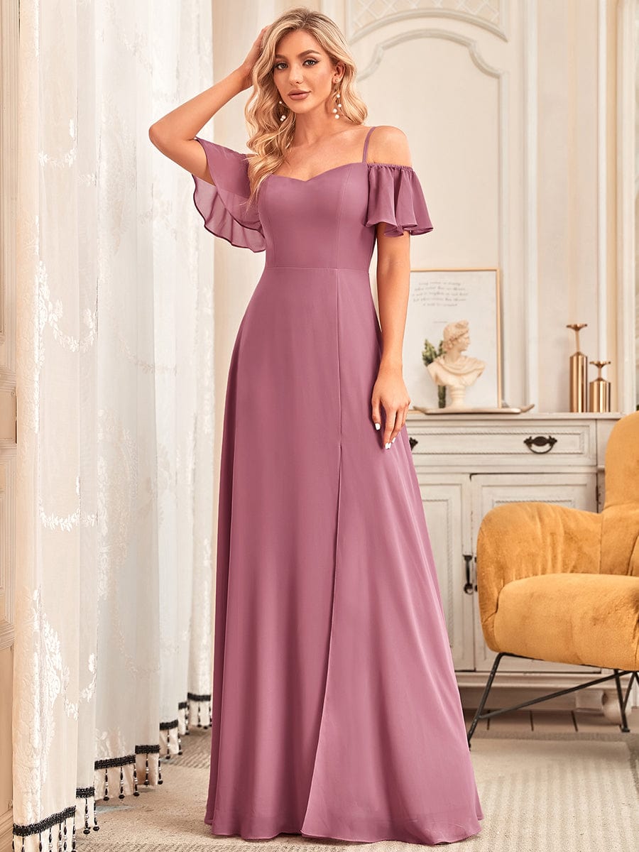Stylish Cold Shoulder Flare Sleeves Flowy Bridesmaid Dress #color_Purple Orchid