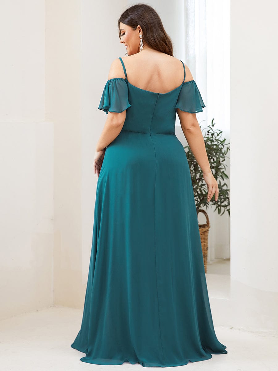 Stylish Cold Shoulder Flare Sleeves Flowy Bridesmaid Dress #color_Teal