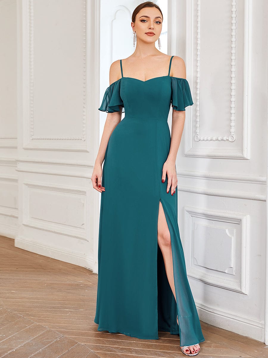 Stylish Cold Shoulder Flare Sleeves Flowy Bridesmaid Dress #color_Teal