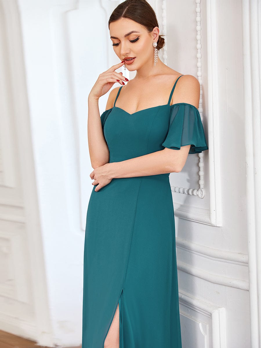 Stylish Cold Shoulder Flare Sleeves Flowy Bridesmaid Dress #color_Teal