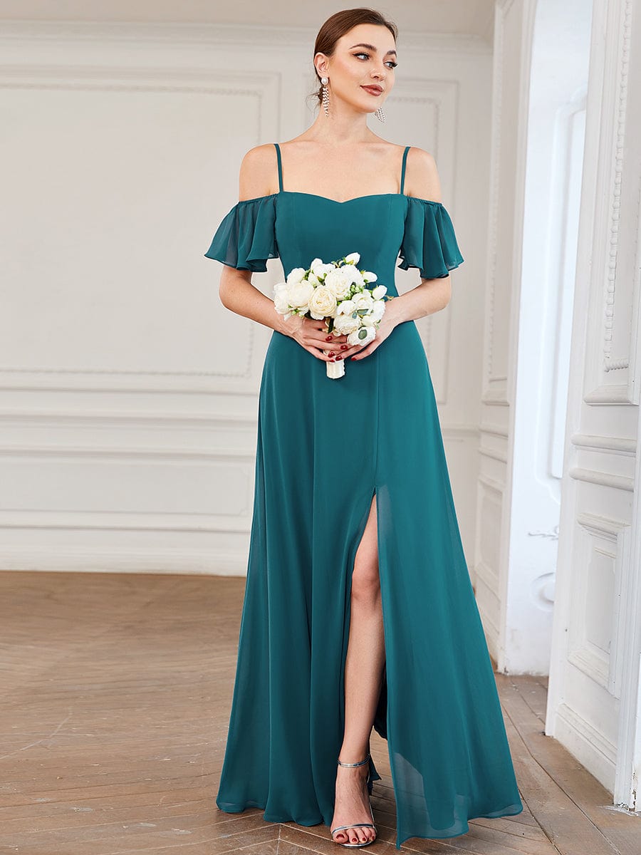 Stylish Cold Shoulder Flare Sleeves Flowy Bridesmaid Dress #color_Teal