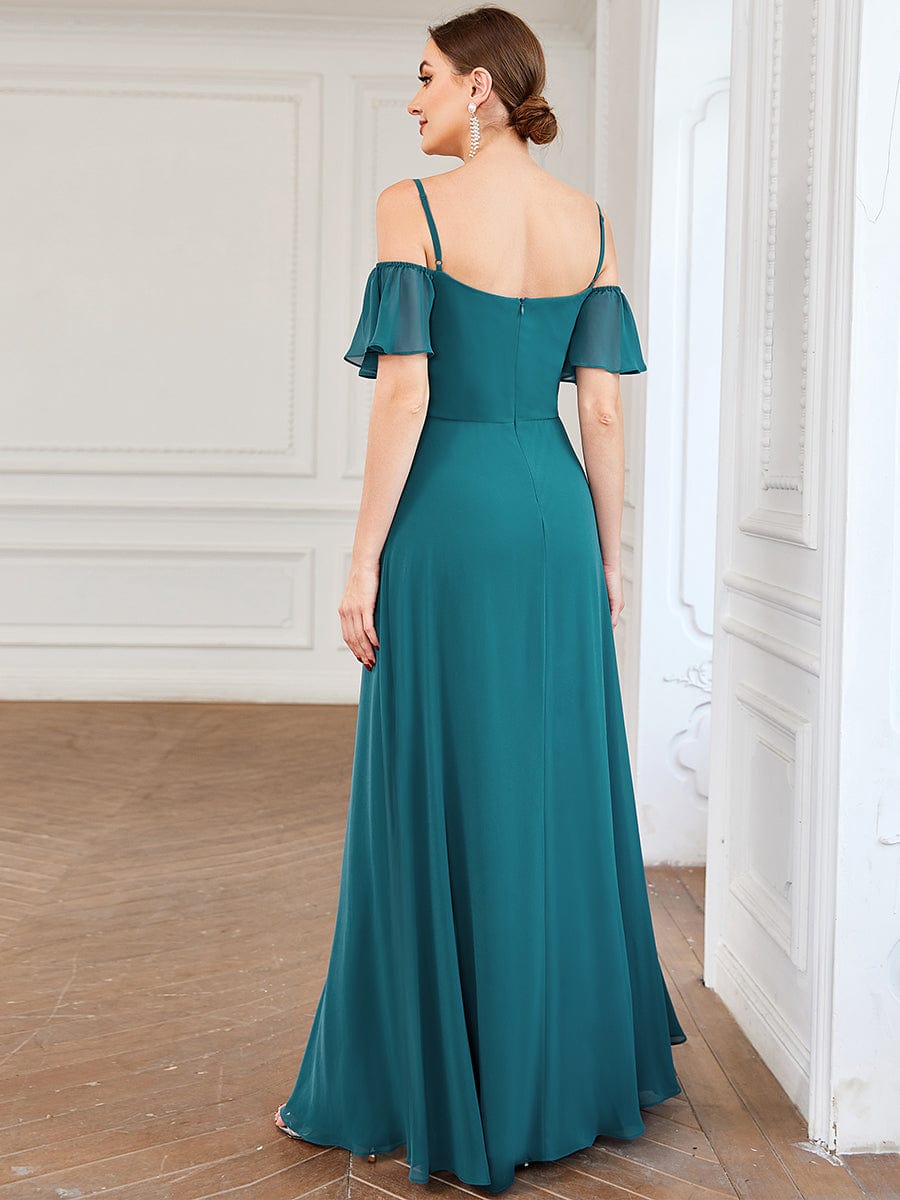 Stylish Cold Shoulder Flare Sleeves Flowy Bridesmaid Dress #color_Teal
