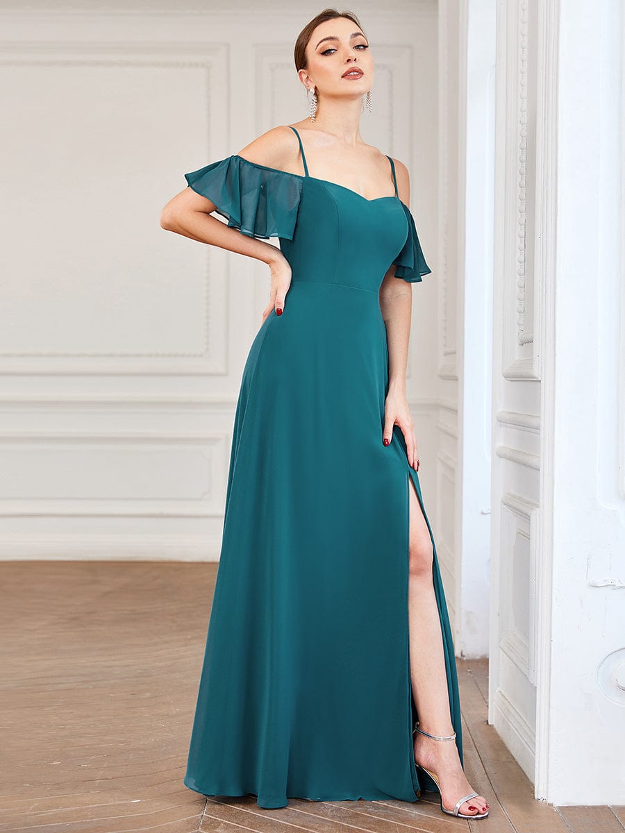 Stylish Cold Shoulder Flare Sleeves Flowy Bridesmaid Dress #color_Teal