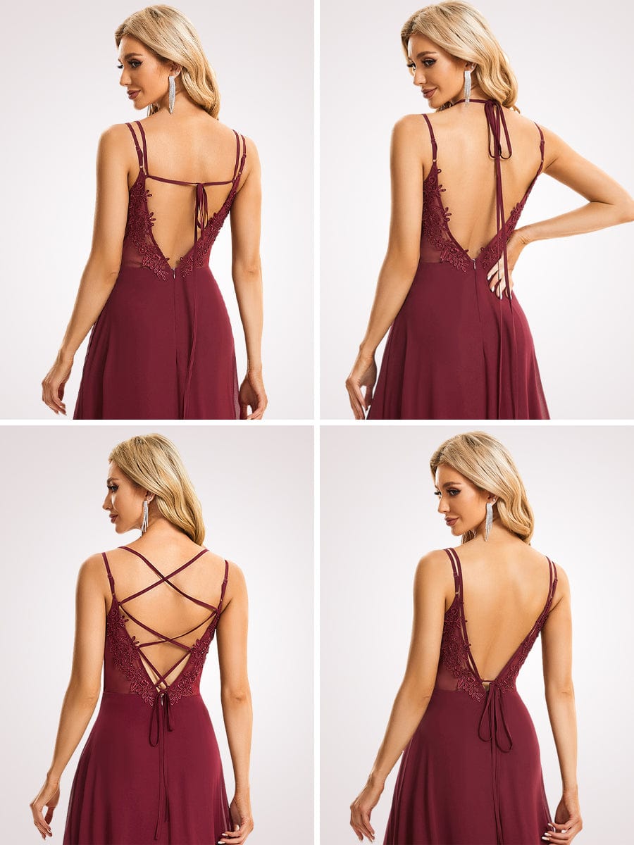 Chiffon and Lace Open Back Spaghetti Straps Bridesmaid Dress #color_Burgundy