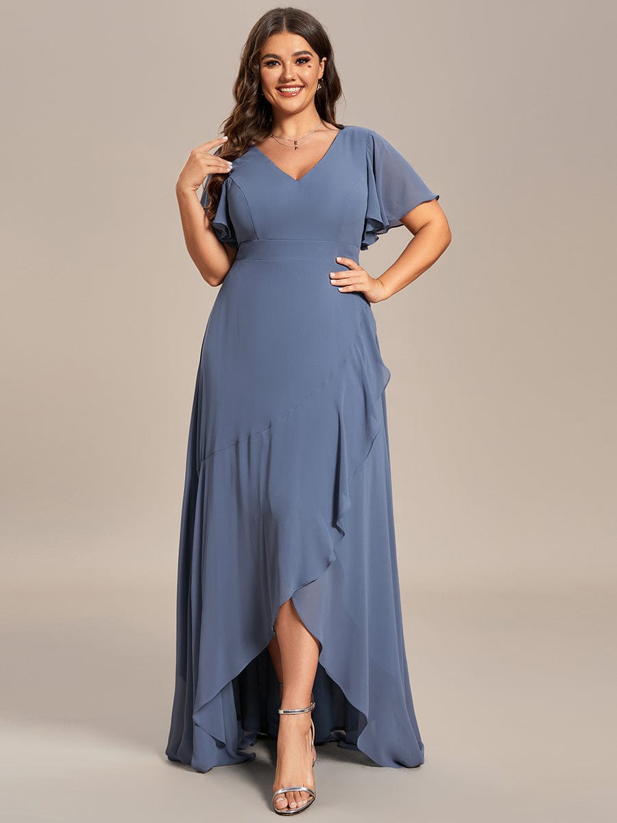 Charming Chiffon Bridesmaid Dress with Lotus Leaf Hemline #color_Dusty Navy