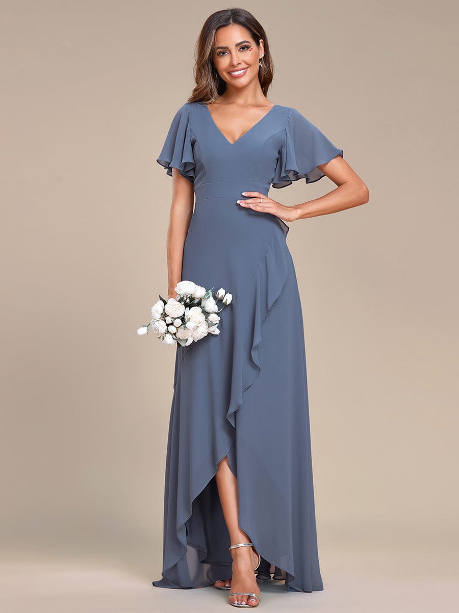 Charming Chiffon Bridesmaid Dress with Lotus Leaf Hemline #color_Dusty Navy