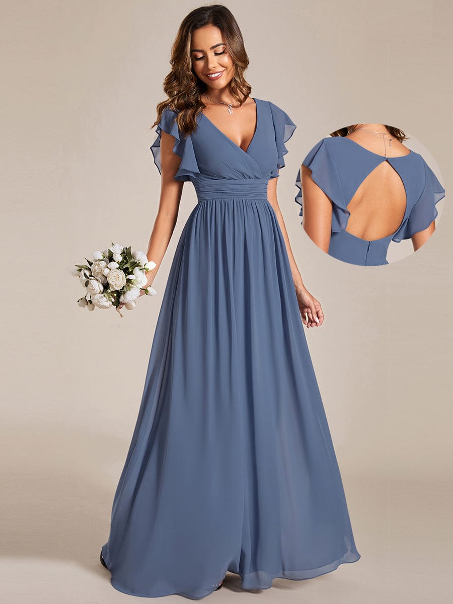 Back Cutout A-Line Pleated Ruffles Sleeve Chiffon Bridesmaid Dress #color_Dusty Blue