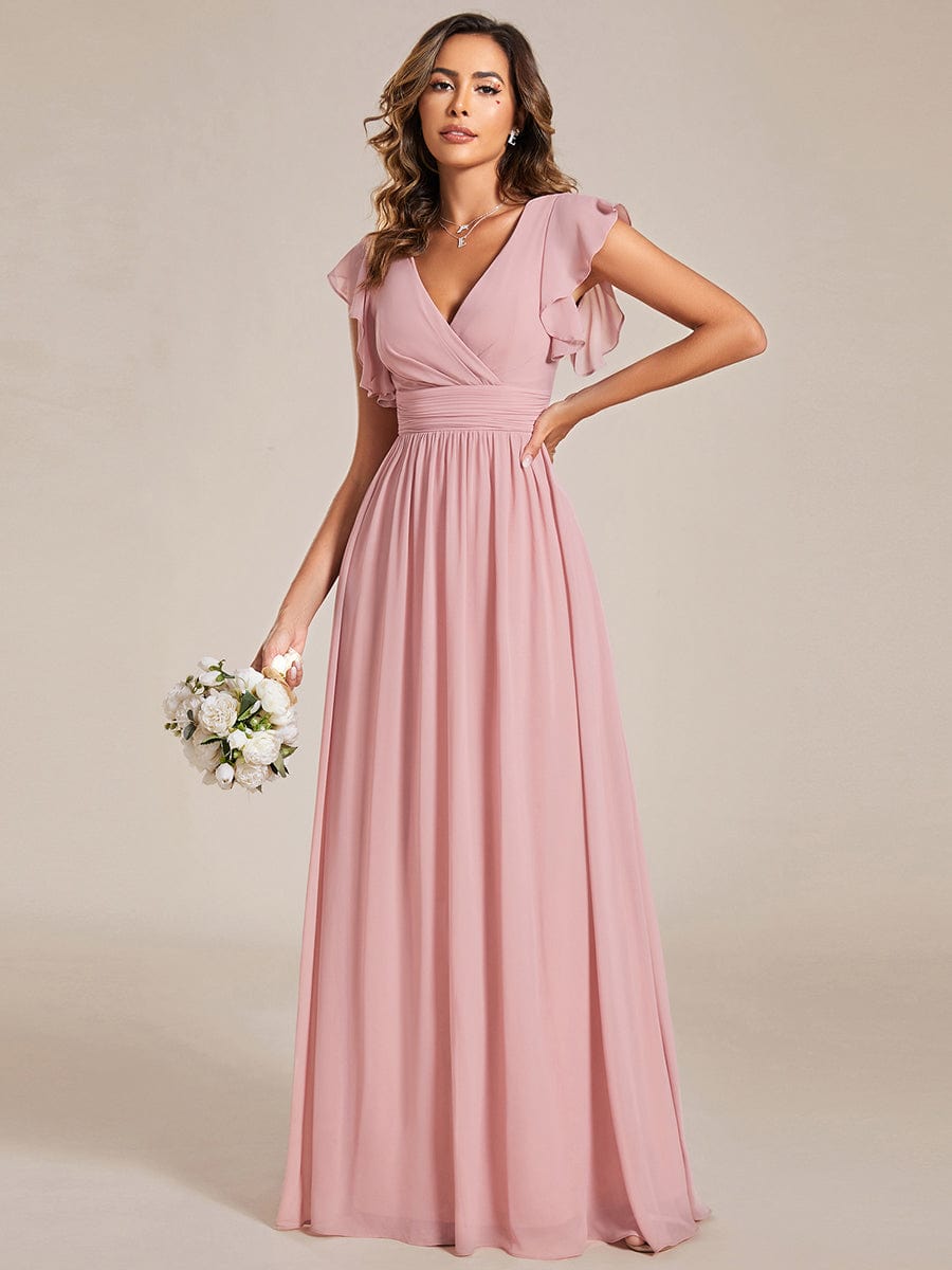 Back Cutout A-Line Pleated Ruffles Sleeve Chiffon Bridesmaid Dress #color_Dusty Rose