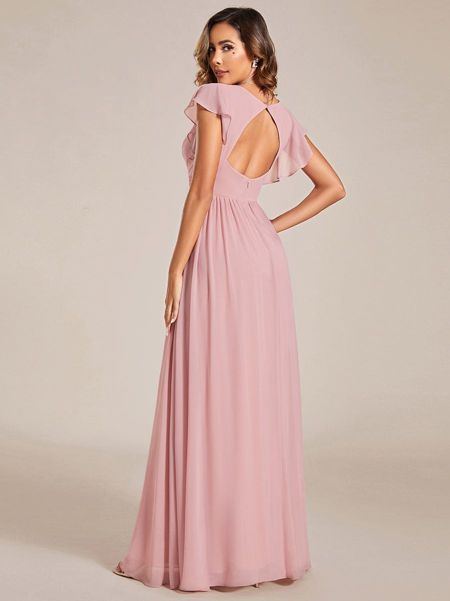 Back Cutout A-Line Pleated Ruffles Sleeve Chiffon Bridesmaid Dress #color_Dusty Rose