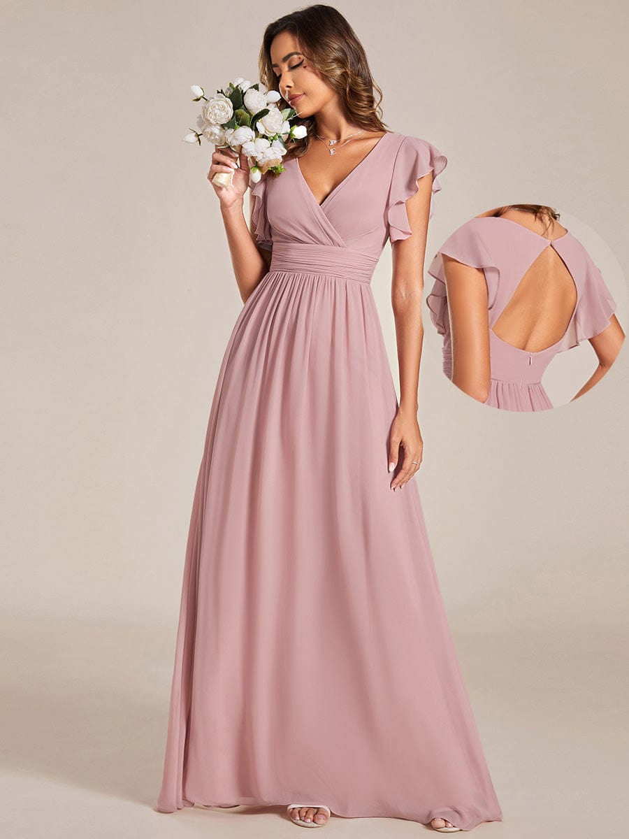 Back Cutout A-Line Pleated Ruffles Sleeve Chiffon Bridesmaid Dress #color_Dusty Rose