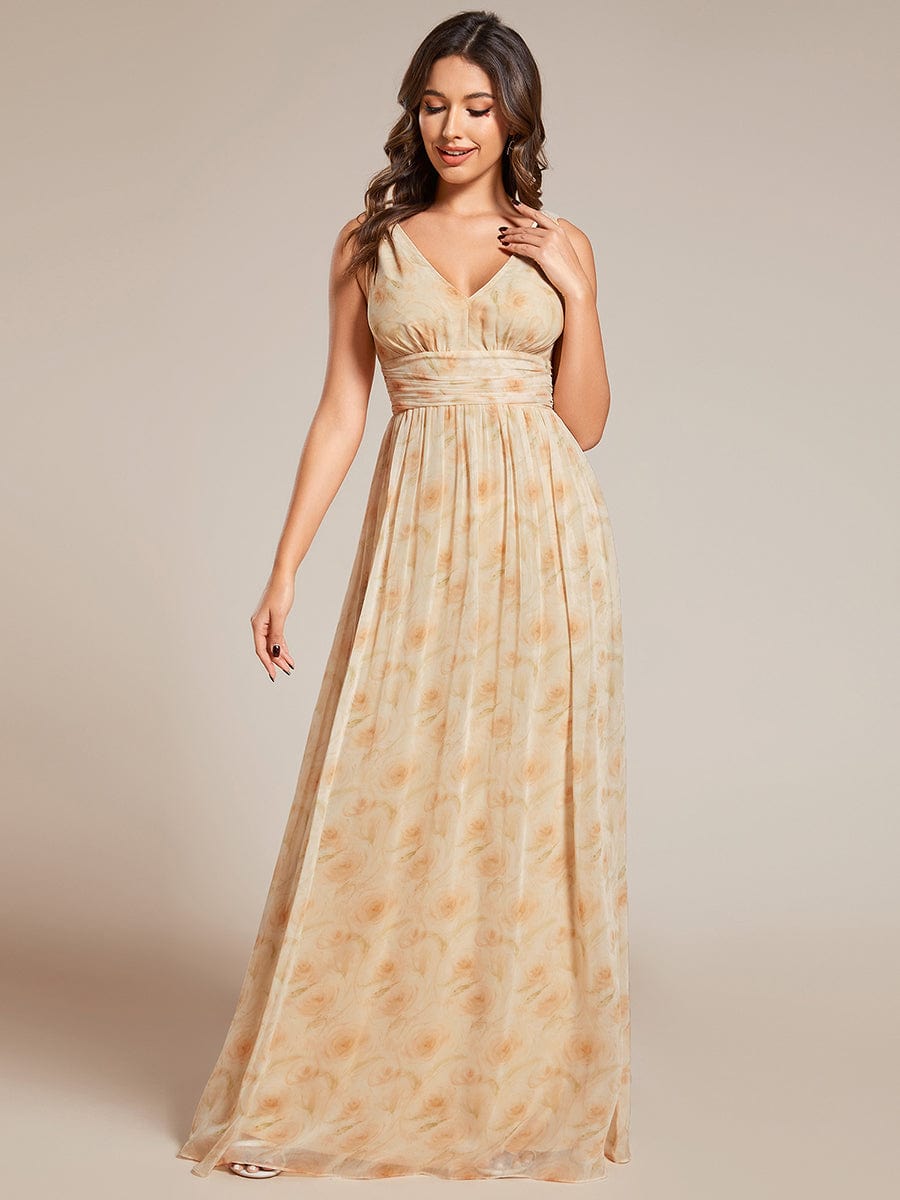 Pleated Sleeveless V-Neck Chiffon Maxi Dress #color_Golden Roses