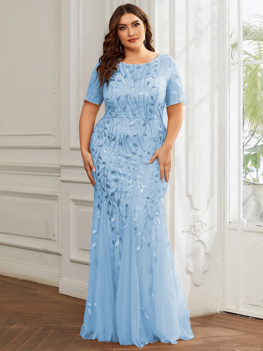 Floral Sequin Print Plus Size Mermaid Tulle Evening Dress #color_Sky Blue