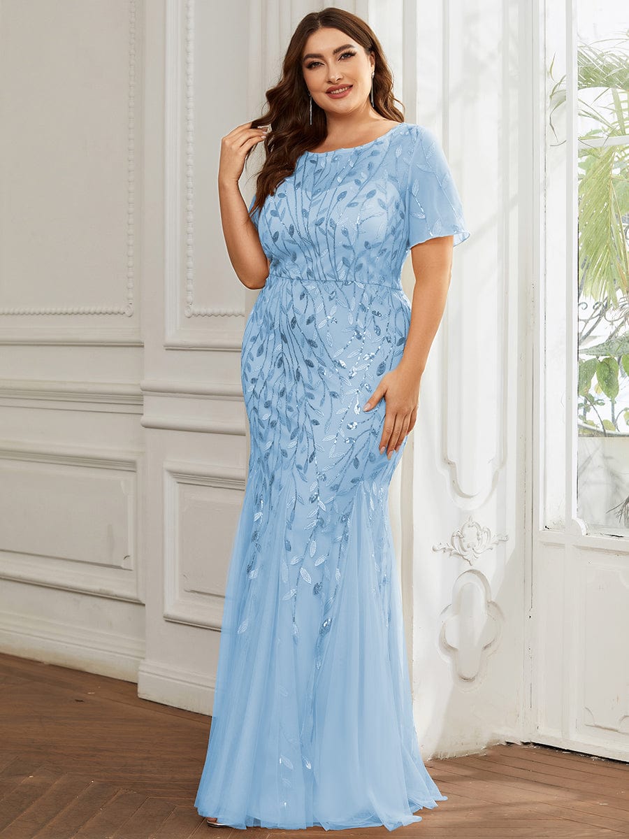 Floral Sequin Print Plus Size Mermaid Tulle Evening Dress #color_Sky Blue