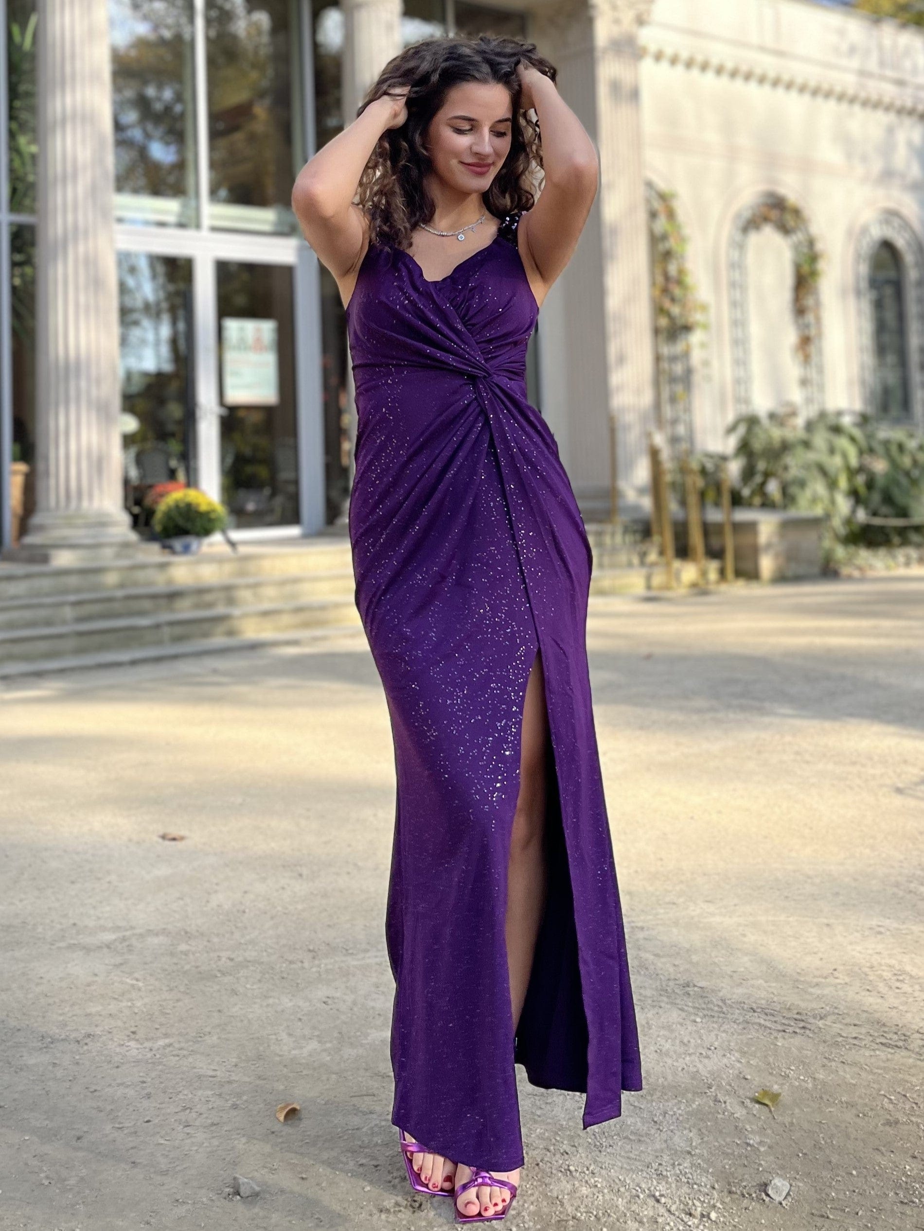 Glitter V-Neck High Slit Sequin Shoulder Strap Evening Dress #color_Dark Purple