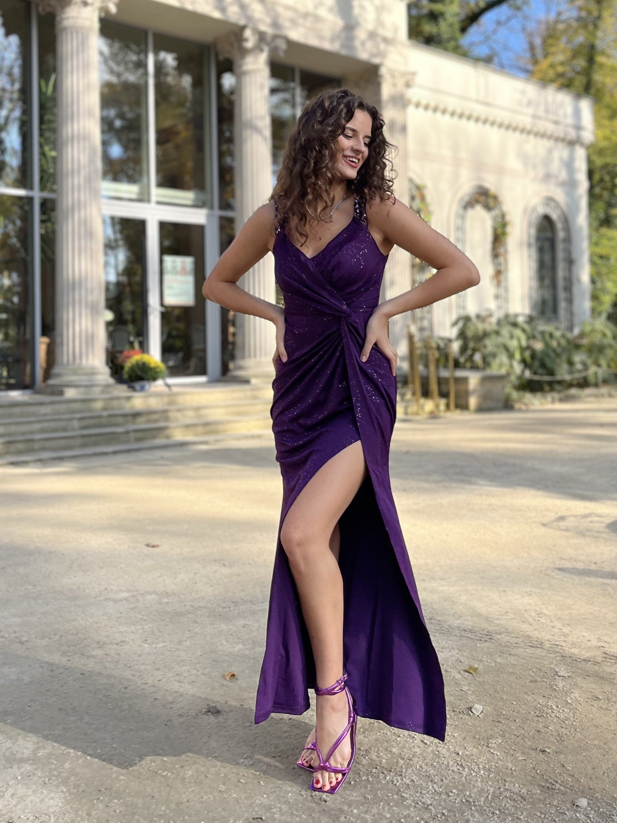 Glitter V-Neck High Slit Sequin Shoulder Strap Evening Dress #color_Dark Purple