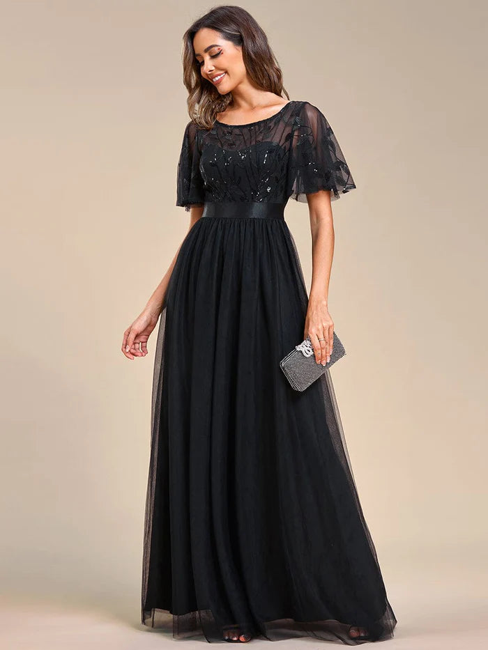 ever SAPHIR|Women's A-Line Short Sleeve Embroidery Floor Length Evening Dresses