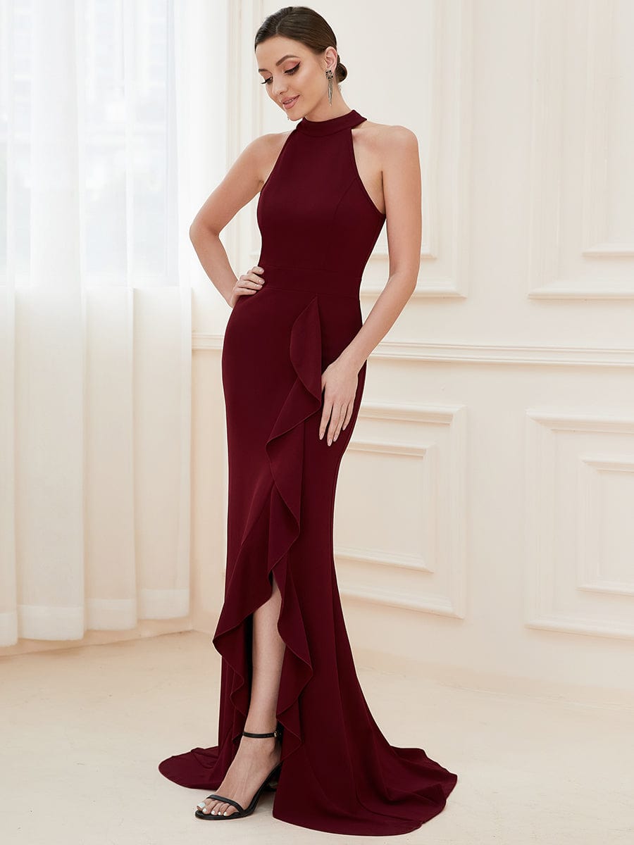 Ruffled Front Slit Cinched Waist Halter Sleeveless Evening Dress #color_Burgundy