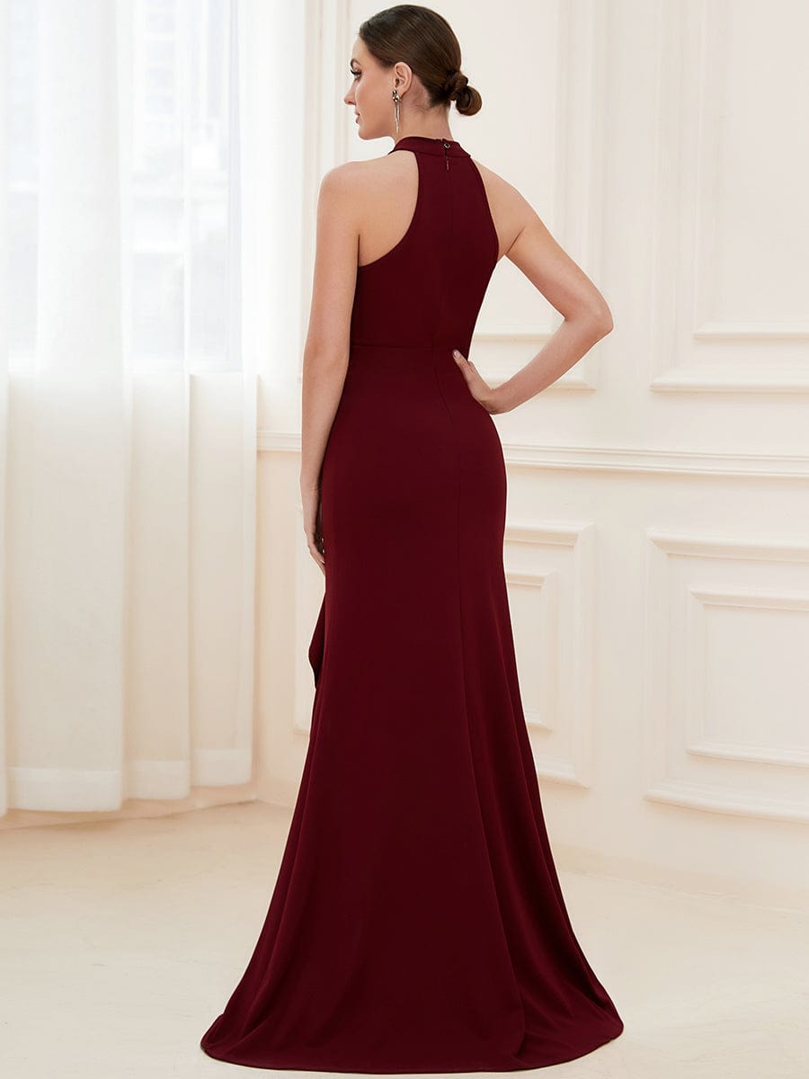 Ruffled Front Slit Cinched Waist Halter Sleeveless Evening Dress #color_Burgundy
