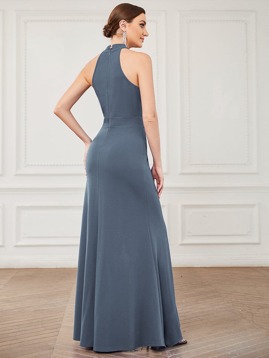 Ruffled Front Slit Cinched Waist Halter Sleeveless Evening Dress #color_Denin Blue