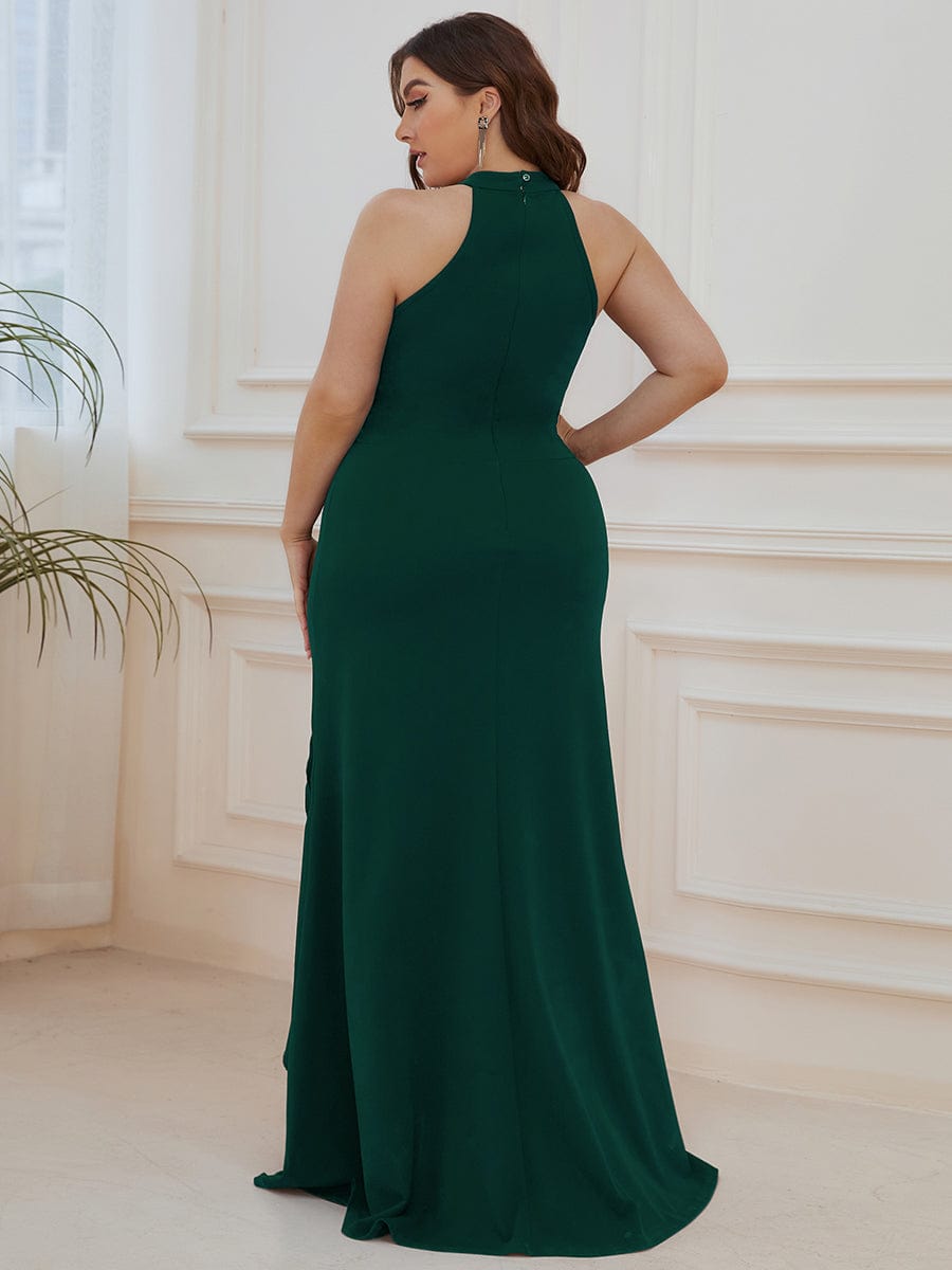 Ruffled Front Slit Cinched Waist Halter Sleeveless Evening Dress #color_Dark Green