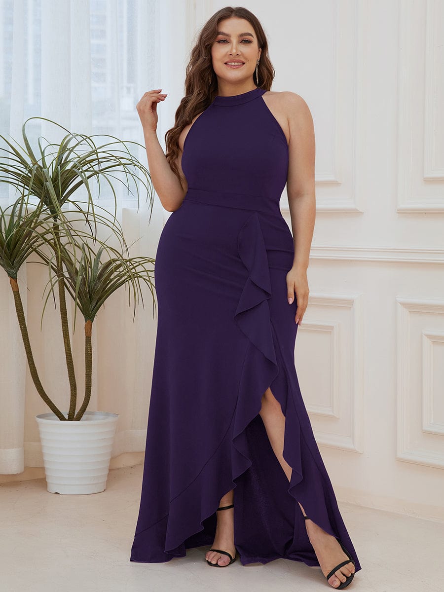 Ruffled Front Slit Cinched Waist Halter Sleeveless Evening Dress #color_Dark Purple